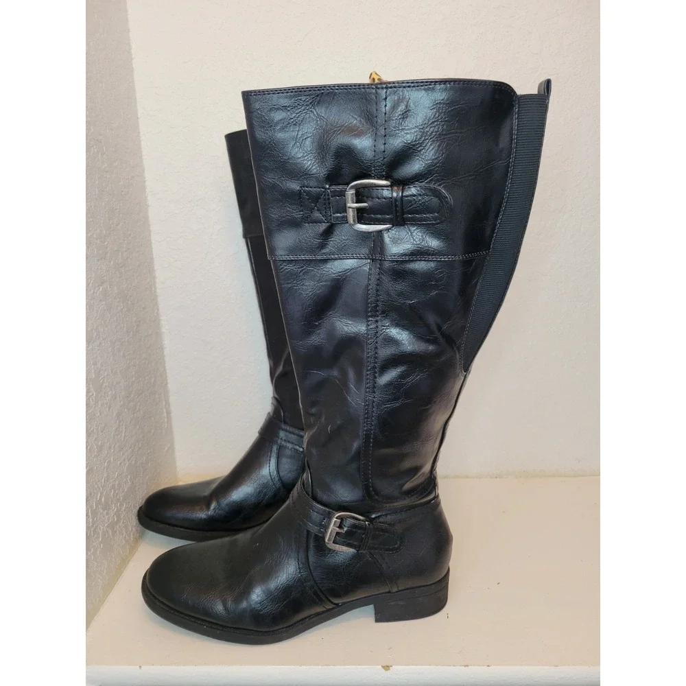 Women's Black Wide Calf‎ Faux Leather Knee-high Boots Size 9.5 Winter Boots